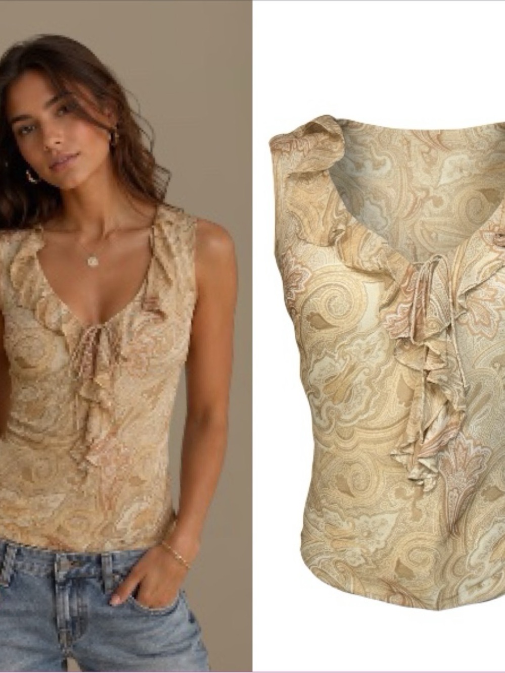 VTG ICE Boho Tan Ruffle Silk Paisley Print Top Sz M Boho